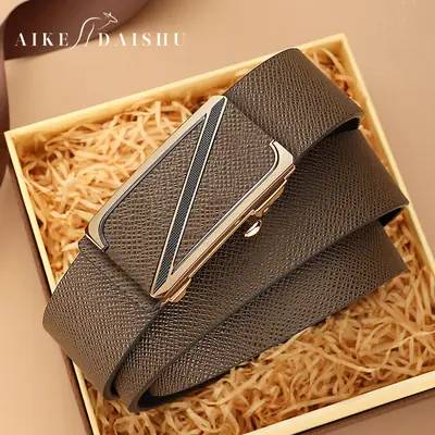 Men Genuine Leather Belt Curry Gold Buckle Business Casual