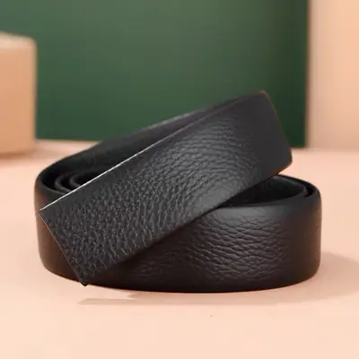 Men Black Leather Headless Belt Automatic Buckle
