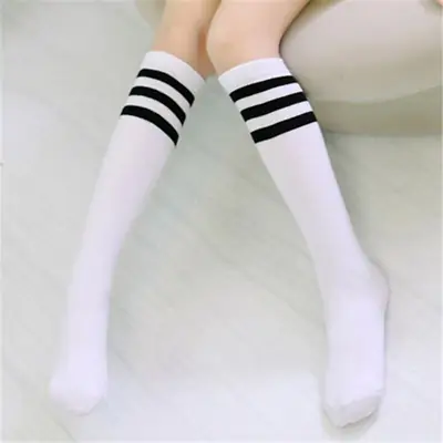 White Striped Cotton Mid-Calf Socks for Girls