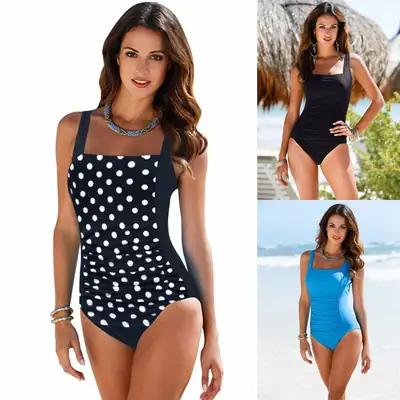 Plus Size One-Piece Swimsuit Black Polka Dot Beachwear