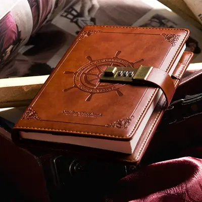 Brown Leather Password Diary with Ship Wheel Lock
