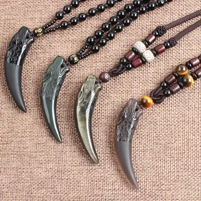 Natural Ice Obsidian Wolf Head Necklace for Women