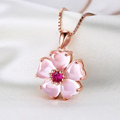 Women Pink Crystal Heart Necklace Rose Gold Plated