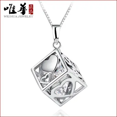 Women Korean Style Rubik's Cube Pendant Necklace White Gold Plated