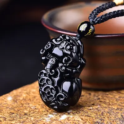 Women's Leather Pixiu Pendant Necklace Glossy Obsidian