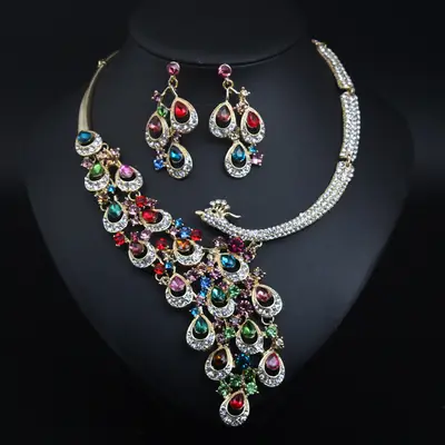 Exaggerated Crystal Peacock Necklace Earrings Set for Women