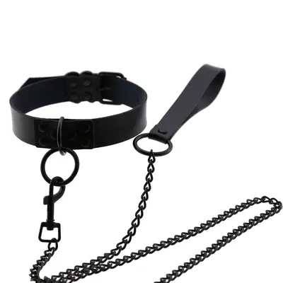 Black Leather Collar Necklace with Chain Leash