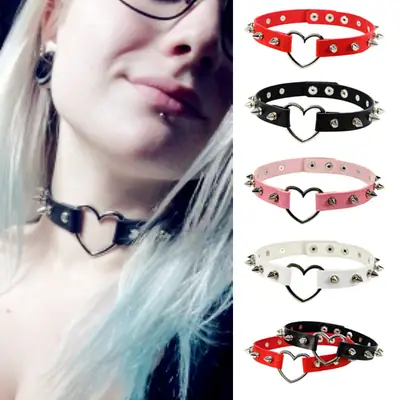 Women Spiked Heart Leather Choker Necklace Multi Color
