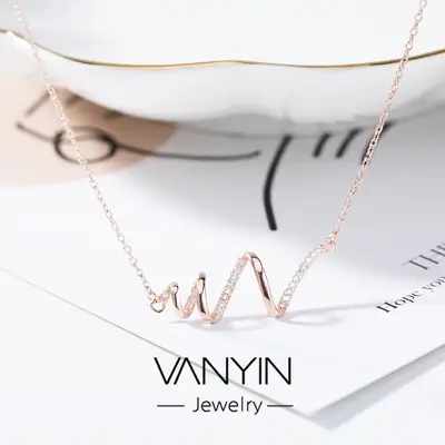 Women Heartbeat Necklace S925 Sterling Silver Rose Gold Sparkly Casual Jewelry