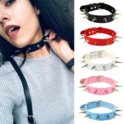 Studded Leather Choker Necklace for Women, Multi Color, PU Material
