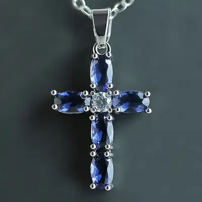 Blue Oval Zircon Cross Necklace with Chain