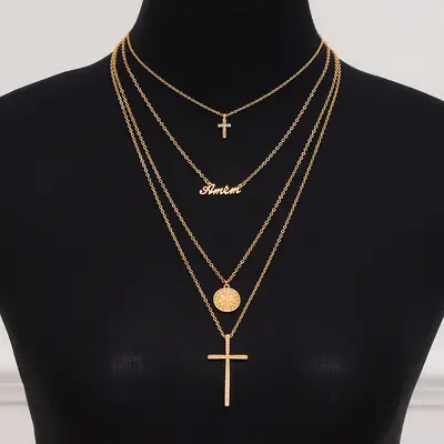 Gold Multi-Layer Cross Necklace for Women