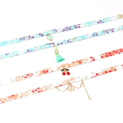 Japanese Style Velvet Choker Necklaces for Women with Cherry & Clover Charms
