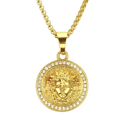 Gold Medusa Pendant Necklace for Men with Diamond Accents