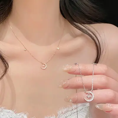 S925 Silver Star Moon Necklace for Women Summer Luxury Clavicle Chain