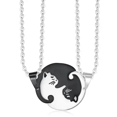 Cute Yin Yang Cat Couple Necklace Black White Stainless Steel