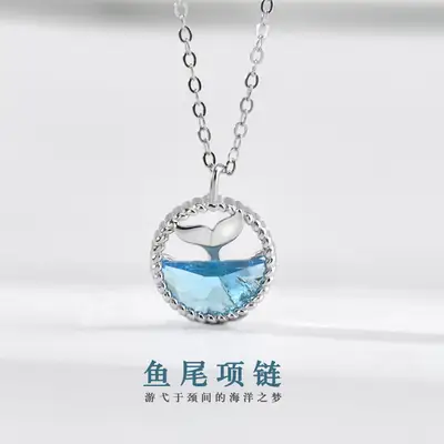 925 Sterling Silver Mermaid Tail Necklace Blue Zirconium Pendant