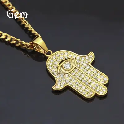 Gold Hamsa Hand Pendant Necklace for Men