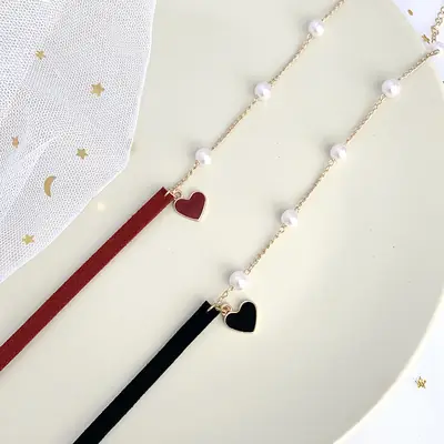 Women Pearl Heart Choker Neck Chain Red Black