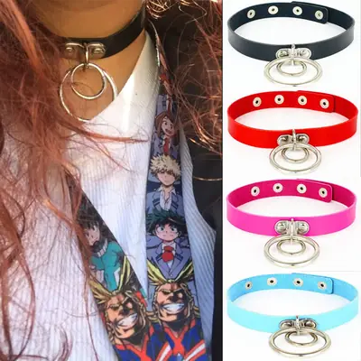 Women Double Ring Leather Choker Necklace Red Pink Blue Black