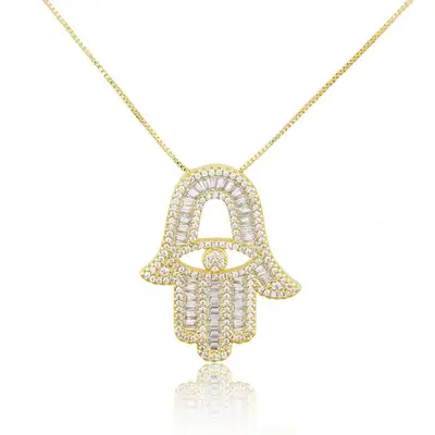 Gold Plated Hamsa Hand Pendant Necklace for Women