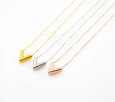 3D V-Shaped Necklace Women Gold Rose Gold Silver Titanium Steel