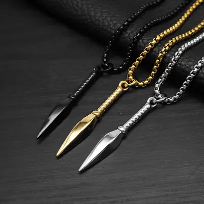 Men Spearhead Pendant Necklace Gold Silver Black Titanium Steel
