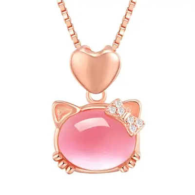 Rose Gold Cat Pendant Necklace for Women Pink Crystal Hibiscus
