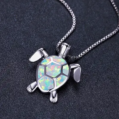 Platinum Green Opal Turtle Necklace Jewelry
