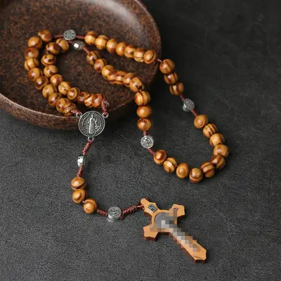 Natural Wood Cross Rosary Necklace 10mm Catholic Jewelry