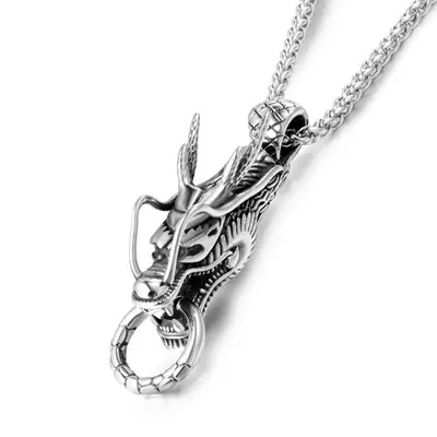 Men Dragon Pendant Necklace Silver Titanium Steel