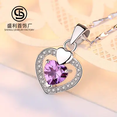 Sterling Silver Heart Pendant Necklace with Purple Crystal and Diamond Accents