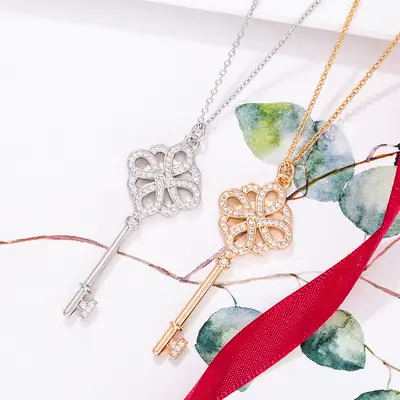 Chinese Knot Key Necklace Gold & Silver Long Chain Jewelry