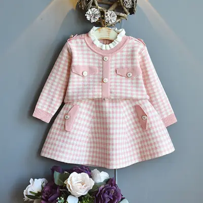 Girls Plaid Knit Two-Piece Dress Autumn Winter
