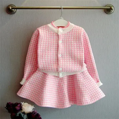 Kids Houndstooth Knit Cardigan Skirt Set Autumn