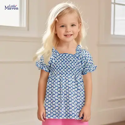 Little Maven Girls Blue Floral Cotton Summer Top
