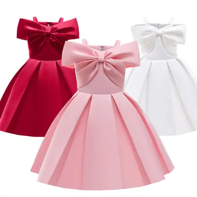 Girls' Strapless Bow Dress Pink White Red Formal