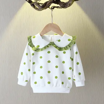 Girls Cotton Polka Dot Sweatshirt Green Lapel Long Sleeve