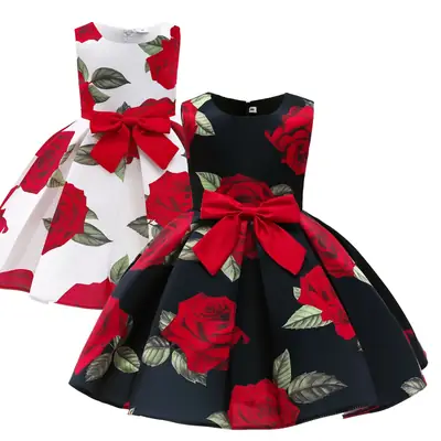 Girls Rose Print Princess Dress White & Black Bow Skirt