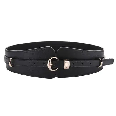 Black Leather Wide Belt with Gold Buckle for Women