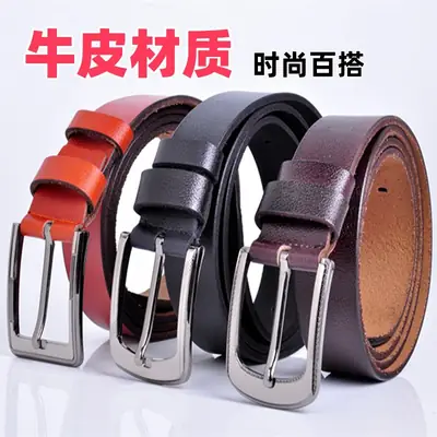 Men Cowhide Pin Buckle Belt Orange Brown Black