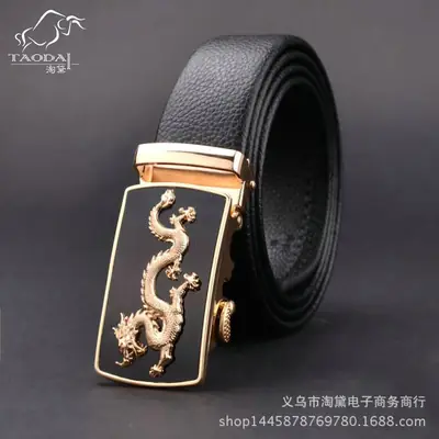 Men Leather Dragon Buckle Belt Gold Black