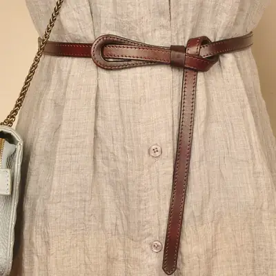 Kids Thin Knotted Leather Belt Brown