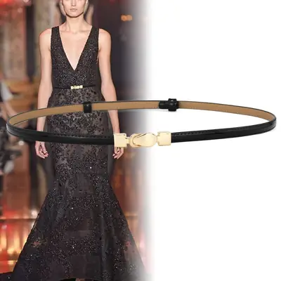 Women's Black Genuine Leather Belt with Gold Buckle