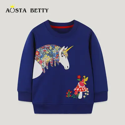 Girls Embroidered Unicorn Sweater Blue Long Sleeve Autumn