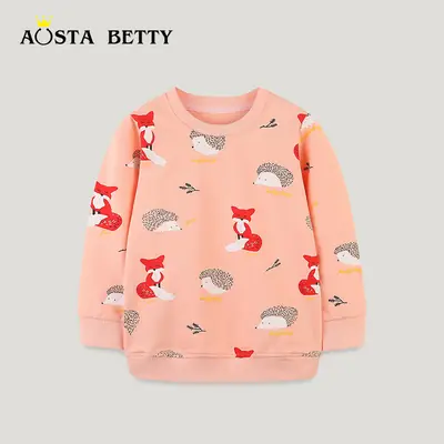Girls Printed Long Sleeve Sweater Autumn Pink Fox Hedgehog