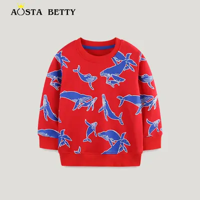 Red Whale Print Kids Sweatshirt Autumn Cotton Casual