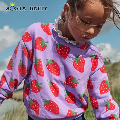 Girls Strawberry Print Sweatshirt Autumn Casual Purple
