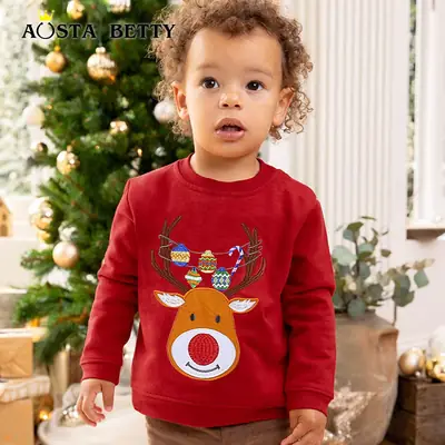 Kids Christmas Reindeer Sweater Red Cotton Long Sleeve