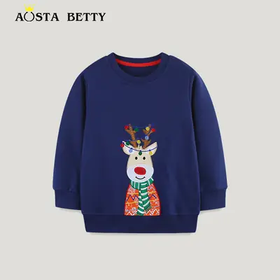 Kids Christmas Embroidered Sweatshirt Blue Long Sleeve